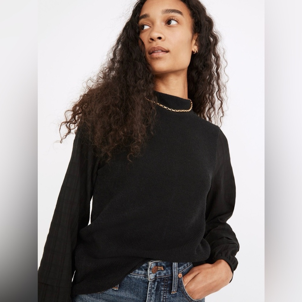 Madewell Weavemix Mockneck Bubble Sleeve Top S Small Black Cozy Ribbed NC638‎